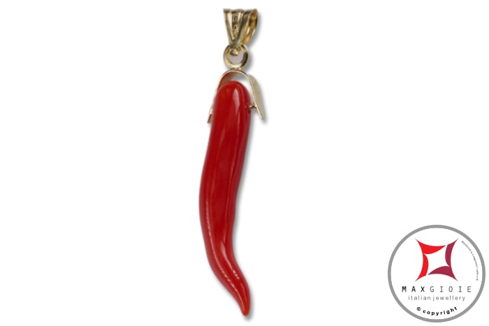 MAXGIOIE - Portafortuna Cornetto Corallo rosso Extra pendente piccolo in Oro 18K id2244