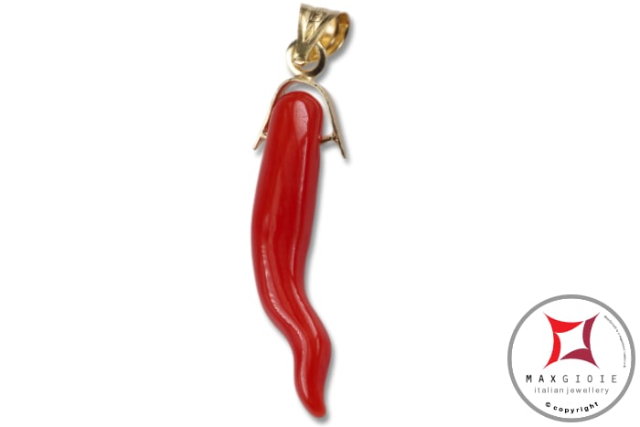 MAXGIOIE - Portafortuna Cornetto Corallo rosso Extra pendente piccolo in Oro 18K id2245