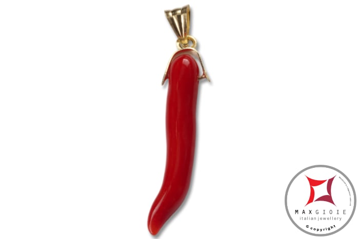 MAXGIOIE - Portafortuna Cornetto Corallo rosso Extra pendente piccolo in Oro 18K id2246