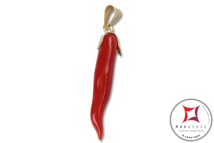 MAXGIOIE - Portafortuna Cornetto Corallo rosso Extra pendente piccolo in Oro 18K id2247