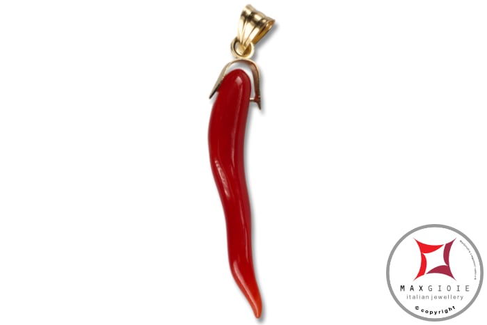 MAXGIOIE - Portafortuna Cornetto Corallo rosso Extra pendente piccolo in Oro 18K id2248