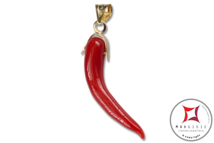 MAXGIOIE - Portafortuna Cornetto Corallo rosso Extra pendente piccolo in Oro 18K id2249