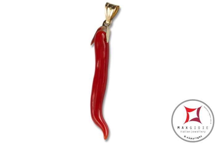 MAXGIOIE - Portafortuna Cornetto Corallo rosso Extra pendente piccolo in Oro 18K id2251