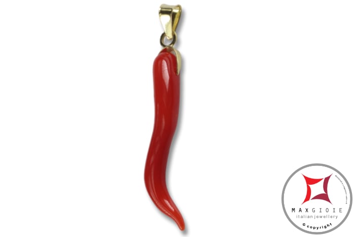 MAXGIOIE - Portafortuna Cornetto Corallo rosso Extra pendente piccolo in Oro 18K id2255