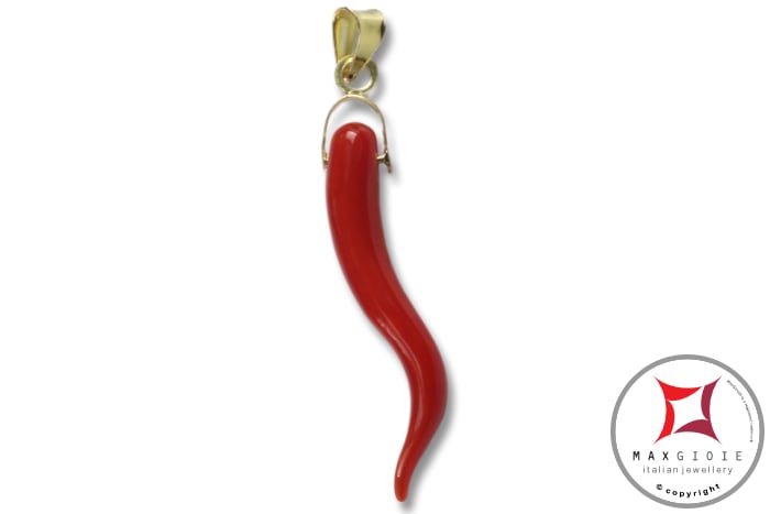 MAXGIOIE - Portafortuna Cornetto Corallo rosso Extra pendente piccolo in Oro 18K id2256