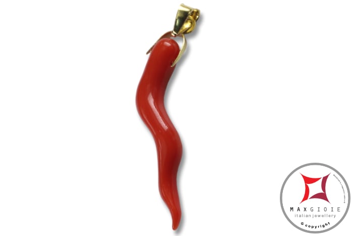 MAXGIOIE - Portafortuna Cornetto Corallo rosso Extra pendente piccolo in Oro 18K id2257