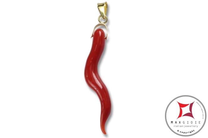 MAXGIOIE - Portafortuna Cornetto Corallo rosso Extra pendente piccolo in Oro 18K id2259