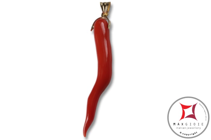 MAXGIOIE - Portafortuna Cornetto Corallo rosso Extra pendente medio in Oro 18K id2263