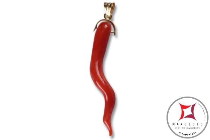 MAXGIOIE - Portafortuna Cornetto Corallo rosso Extra pendente medio in Oro 18K id2264