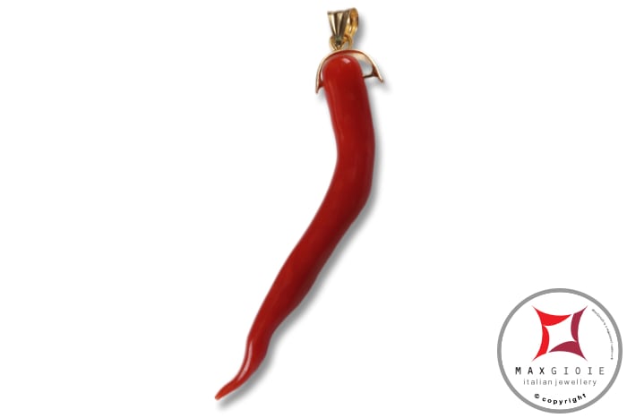 MAXGIOIE - Portafortuna Cornetto Corallo rosso Extra pendente medio in Oro 18K id2265