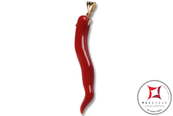 MAXGIOIE - Portafortuna Cornetto Corallo rosso Extra pendente medio in Oro 18K id2266