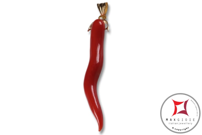 MAXGIOIE - Portafortuna Cornetto Corallo rosso Extra pendente medio in Oro 18K id2267