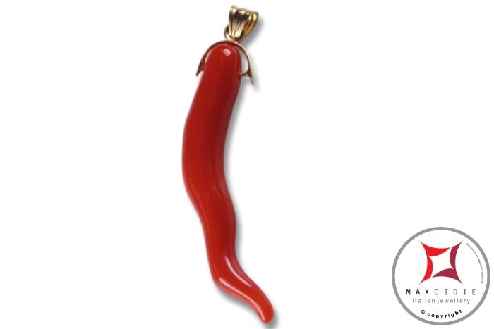 MAXGIOIE - Portafortuna Cornetto Corallo rosso Extra pendente medio in Oro 18K id2268