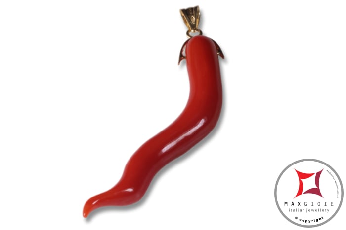 MAXGIOIE - Portafortuna Cornetto Corallo rosso Extra pendente medio in Oro 18K id2270