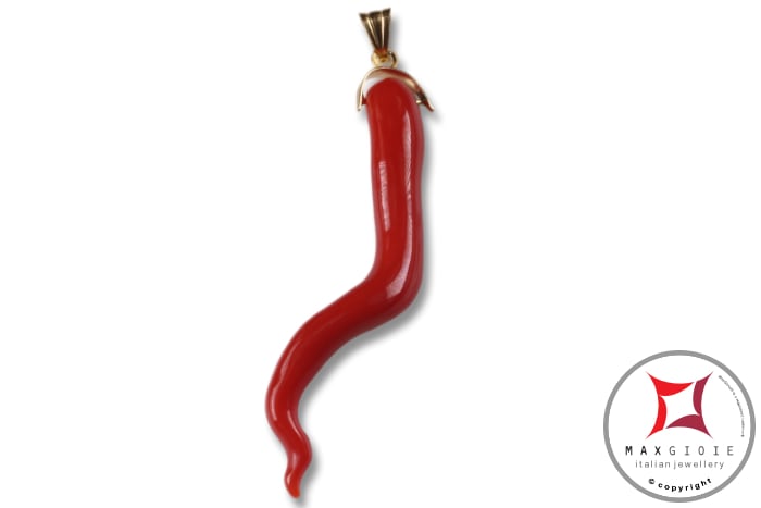 MAXGIOIE - Portafortuna Cornetto Corallo rosso Extra pendente medio in Oro 18K id2271