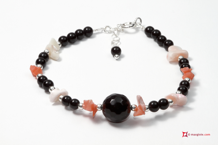 MAXGIOIE - Bracciale Trendy Corallo rosa Perle Agata nera in Argento 925