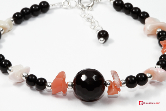 MAXGIOIE - Bracciale Trendy Corallo rosa Perle Agata nera in Argento 925
