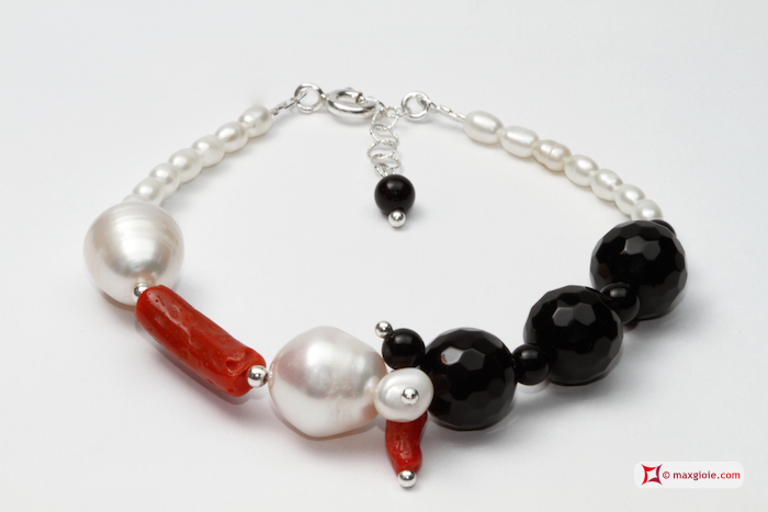 MAXGIOIE - Bracciale Trendy Corallo rosso Perle Agata nera in Argento 925 id03