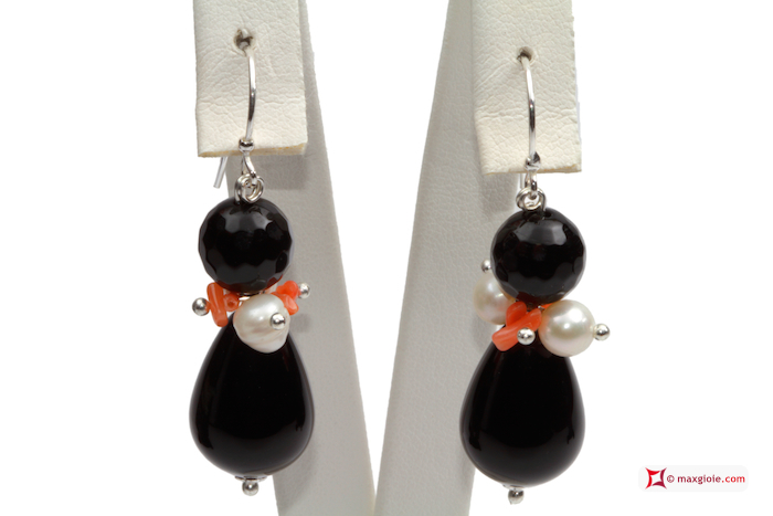 MAXGIOIE - Orecchini Trendy Corallo rosa Perle Agata nera in Argento 925