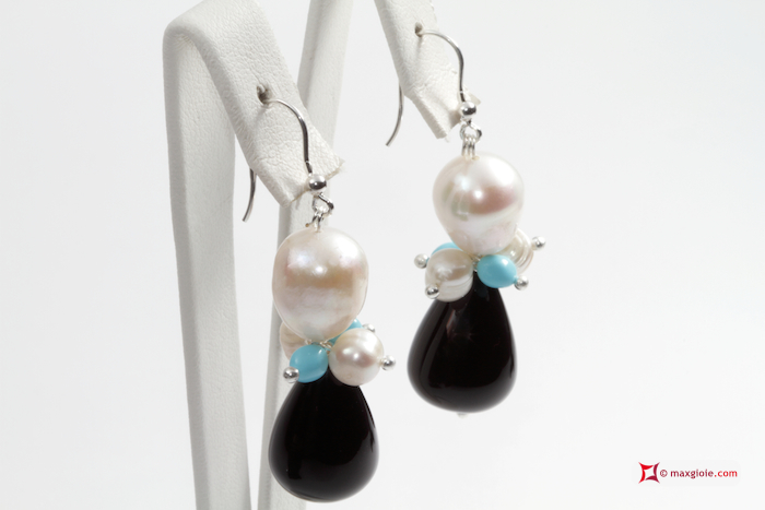 Dettaglio - Details MAXGIOIE - Orecchini Trendy Turchese Perle Agata nera in Argento 925