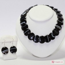 Collana e Orecchini Agata nera striata dischi 27mm in Argento