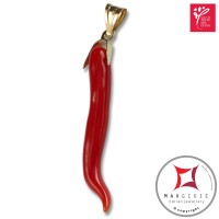 Portafortuna Cornetto Corallo rosso Extra pendente piccolo in Oro 18K id2251