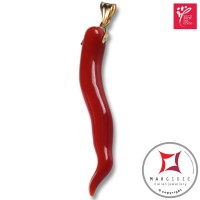 Portafortuna Cornetto Corallo rosso Extra pendente medio in Oro 18K id2266