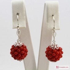 Orecchini Corallo Extra rosso tessiti 15mm pallini 2-2½mm in Argento