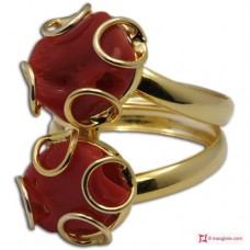 Anello Corallo rosso 2 spole in Argento 925 placcato Oro [scelte multiple]