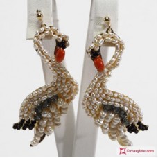 Orecchini cigno [Perle, Corallo, Onice, Cristallo] in Argento placcato Oro