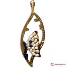 Pendente Foglia con Farfalla [Perle, Lapis, Granato] in Argento placcato Oro