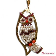Pendente Foglia Gufo grande [Perle, Corallo, Granato] in Argento placcato Oro