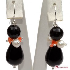 Orecchini Trendy Corallo rosa Perle Agata nera in Argento 925