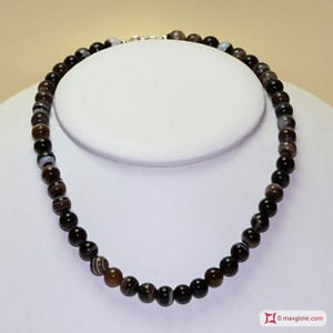 Striped Agate Necklace black 8mm round in Silver