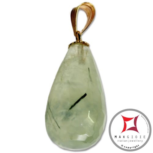 Faceted Tourmalinated Quartz Pendant 10x17mm in 18K Gold