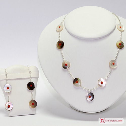 Mother of pearls Necklace and Earrings disc with chain in Silver