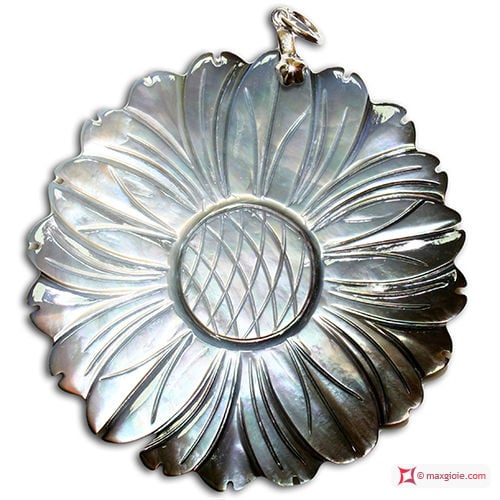 Mother of pearl mosaic pendant and rubber lace in Silver id02